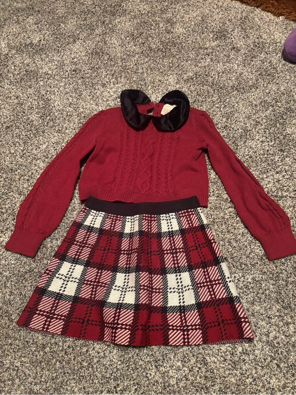 Girls Red Cable-Knit Sweater with Black Collar & Red Plaid Skirt Set